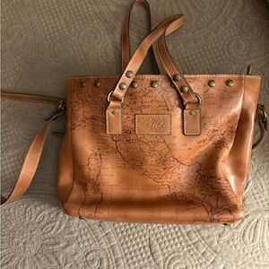 Patricia Nash Italian leather Tan Map-Print Leather Tote